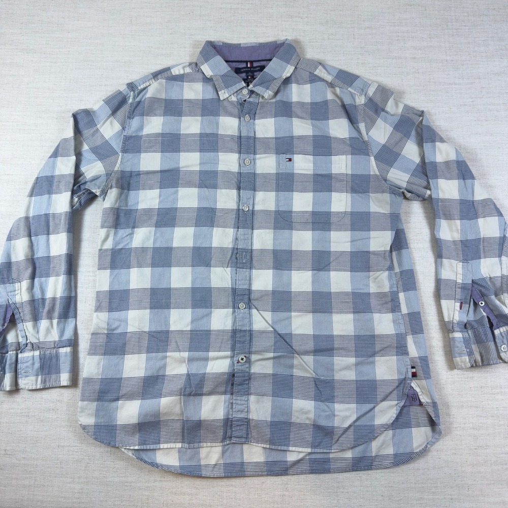Tommy Hilfiger Mens XL Slim Fit Blue White Plaid Long Sleeve Button Down Shirt